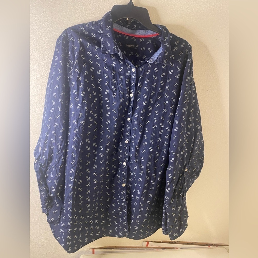Talbots Navy Blue Blouse with White Pattern